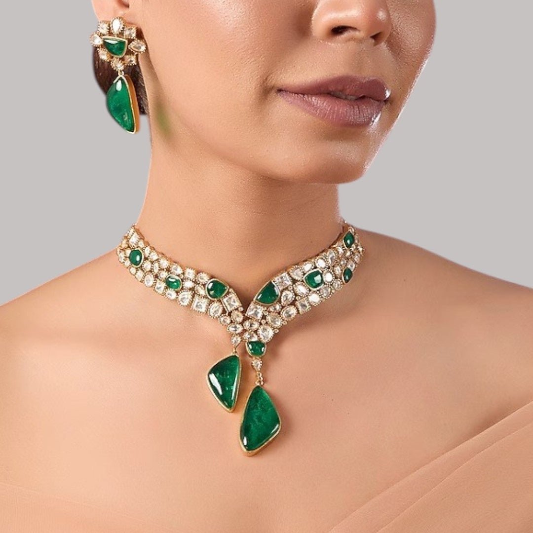 Designer Green Stone & Pearl Studded Choker Necklace Set with Drop Earrings for Women - Auraa Trends - Necklace Set - - Auraa Trends - "Traditional gold - plated choker necklace set with green tear - drop stones and pearl detailing, paired with matching earrings – perfect for weddings and festive wear"