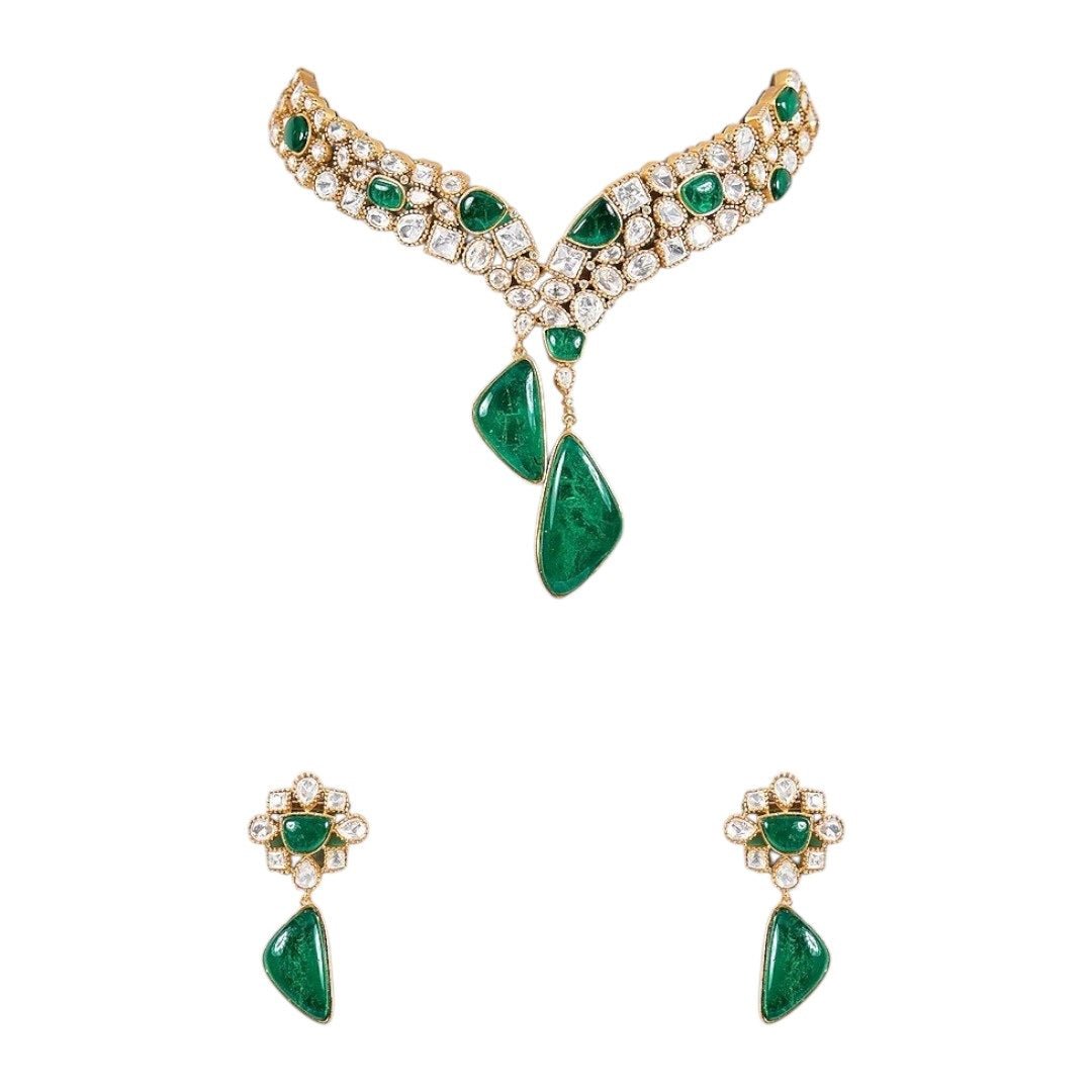 Designer Green Stone & Pearl Studded Choker Necklace Set with Drop Earrings for Women - Auraa Trends - Necklace Set - - Auraa Trends - "Traditional gold - plated choker necklace set with green tear - drop stones and pearl detailing, paired with matching earrings – perfect for weddings and festive wear"