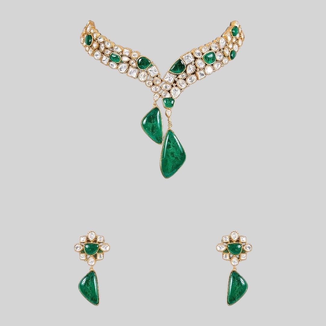 Designer Green Stone & Pearl Studded Choker Necklace Set with Drop Earrings for Women - Auraa Trends - Necklace Set - - Auraa Trends - "Traditional gold - plated choker necklace set with green tear - drop stones and pearl detailing, paired with matching earrings – perfect for weddings and festive wear"