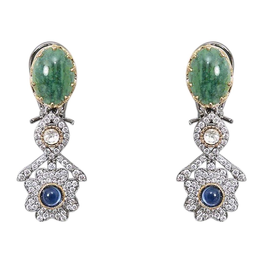 Designer Multicolor Polki Kundan Choker Necklace Set with Earrings for Women - Auraa Trends - Necklace Set - - Auraa Trends - Woman wearing a handcrafted multicolor polki kundan choker necklace set with matching earrings, paired with a pastel embroidered saree.