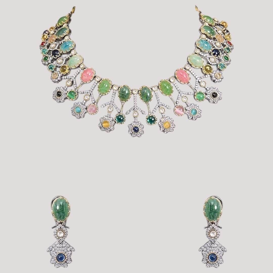 Designer Multicolor Polki Kundan Choker Necklace Set with Earrings for Women - Auraa Trends