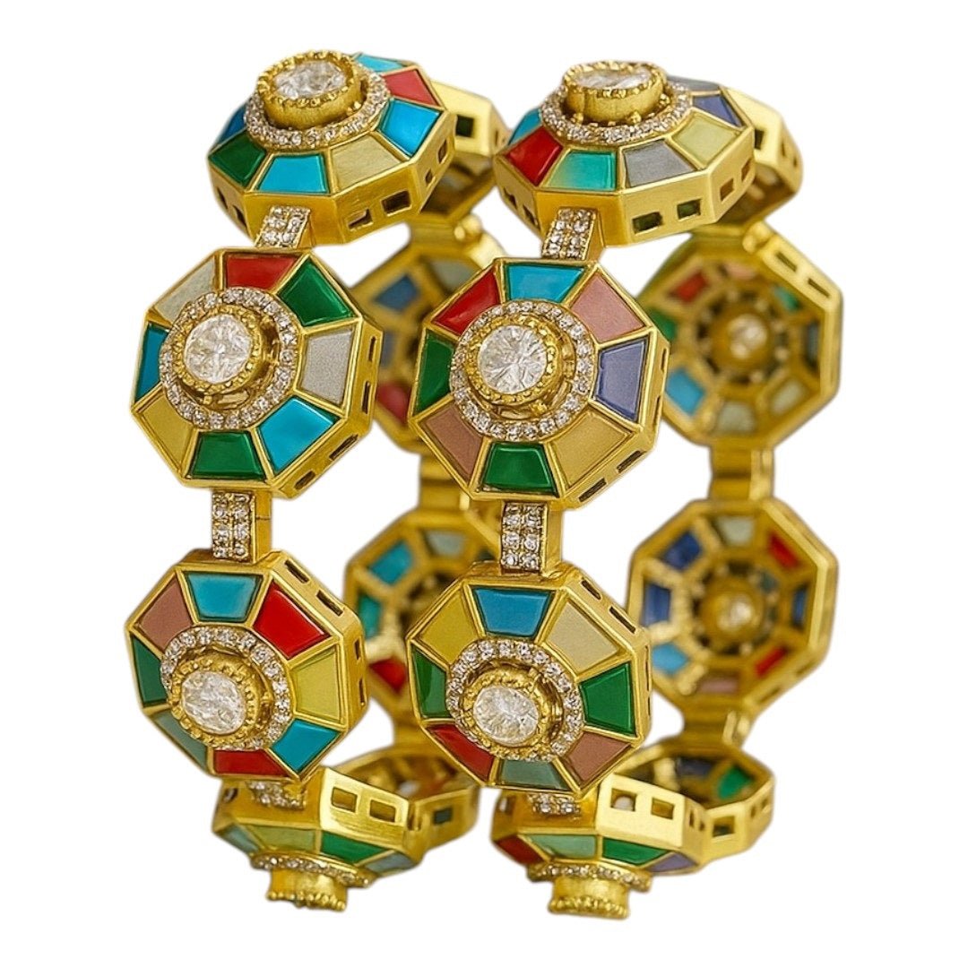 Designer Multicolour Octagon Bangles with Kundan Stones & Gold - Plated Finish for Women - Auraa Trends - Bangles - - Auraa Trends - Gold - plated multicolour octagon bangles with kundan stones β festive bridal jewelry for women