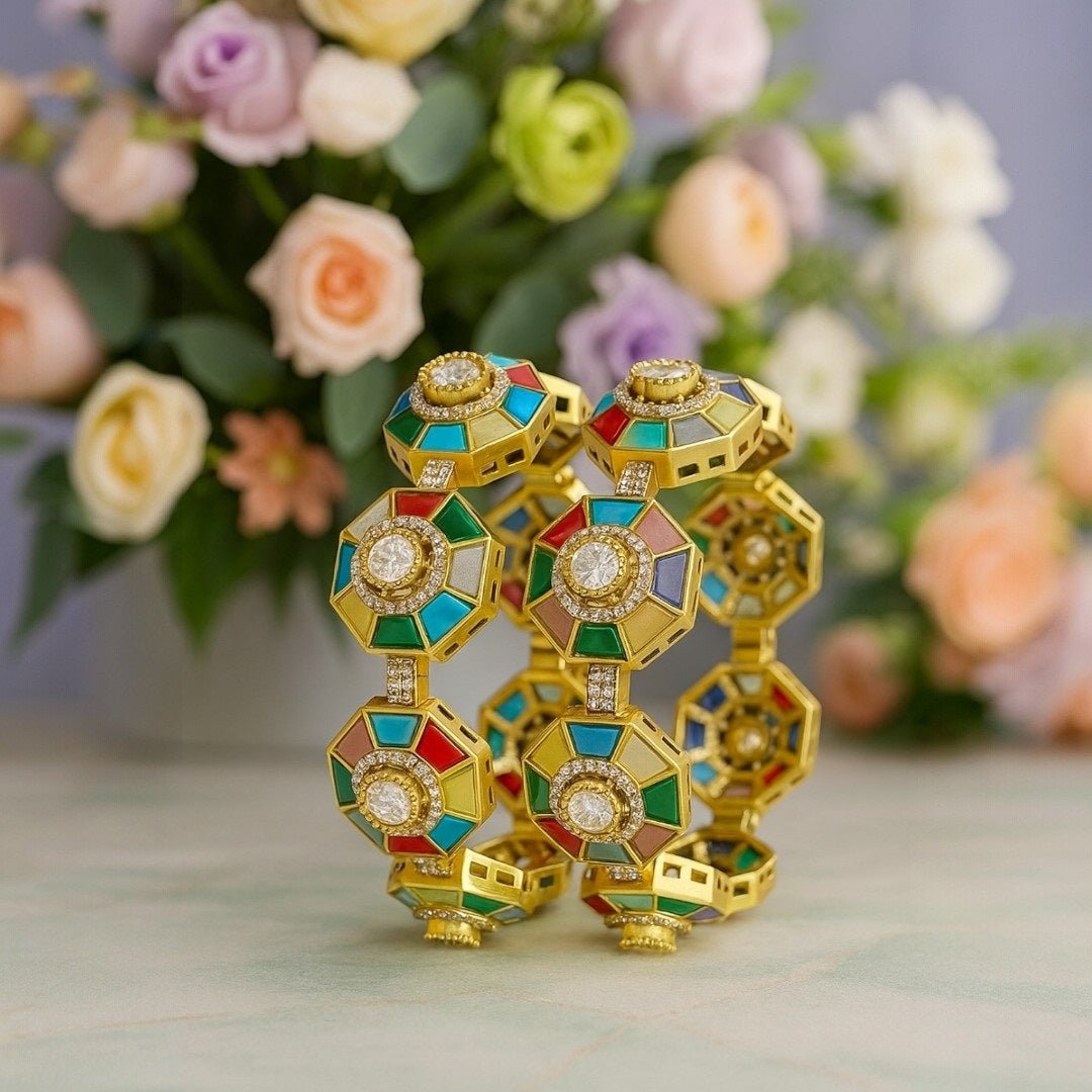 Designer Multicolour Octagon Bangles with Kundan Stones & Gold - Plated Finish for Women - Auraa Trends - Bangles - - Auraa Trends - Gold - plated multicolour octagon bangles with kundan stones β festive bridal jewelry for women