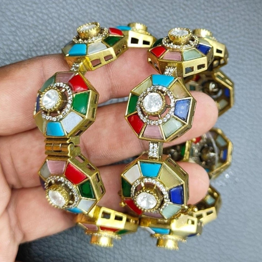 Designer Multicolour Octagon Bangles with Kundan Stones & Gold - Plated Finish for Women - Auraa Trends - Bangles - - Auraa Trends - Gold - plated multicolour octagon bangles with kundan stones β festive bridal jewelry for women