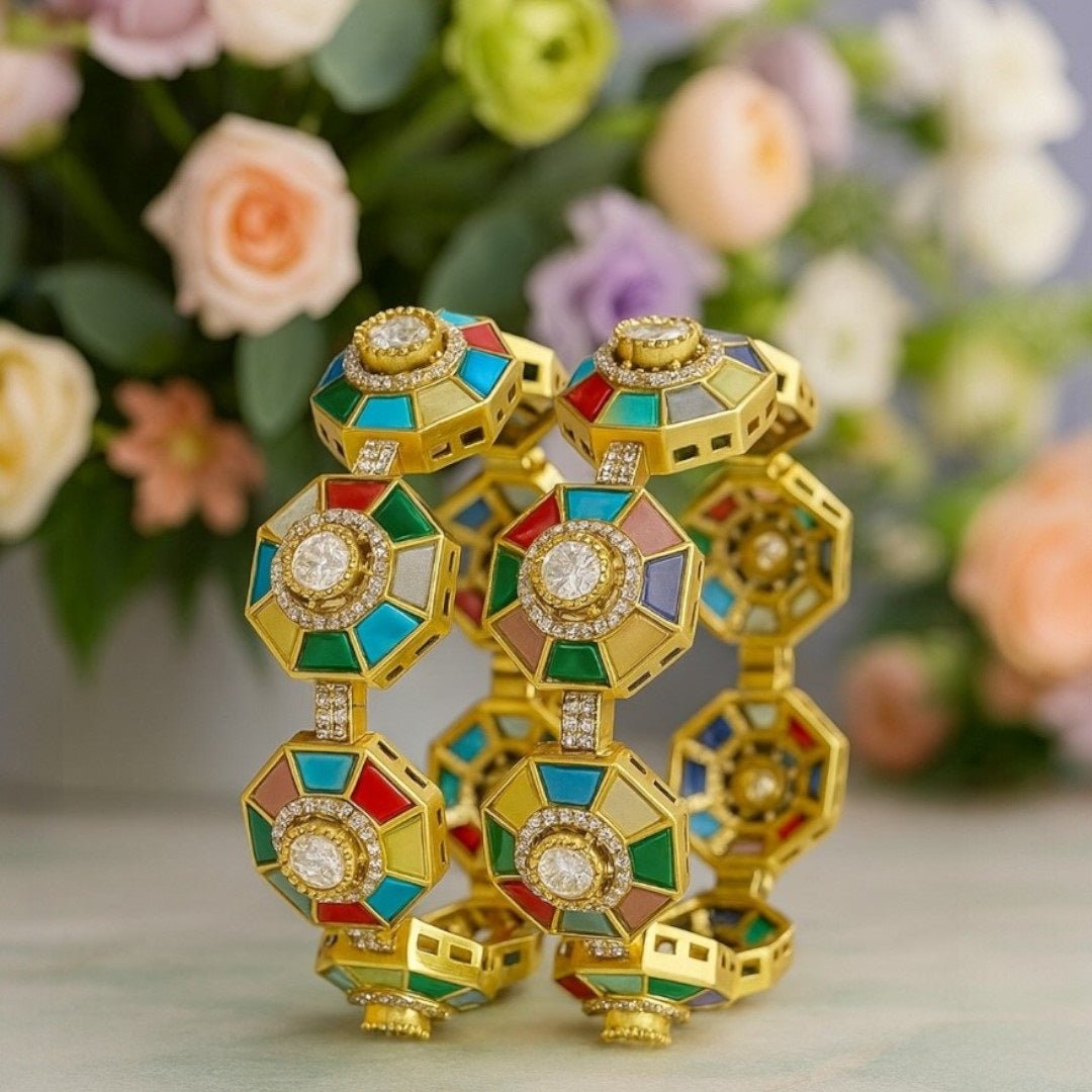 Designer Multicolour Octagon Bangles with Kundan Stones & Gold - Plated Finish for Women - Auraa Trends - Bangles - - Auraa Trends - Gold - plated multicolour octagon bangles with kundan stones β festive bridal jewelry for women