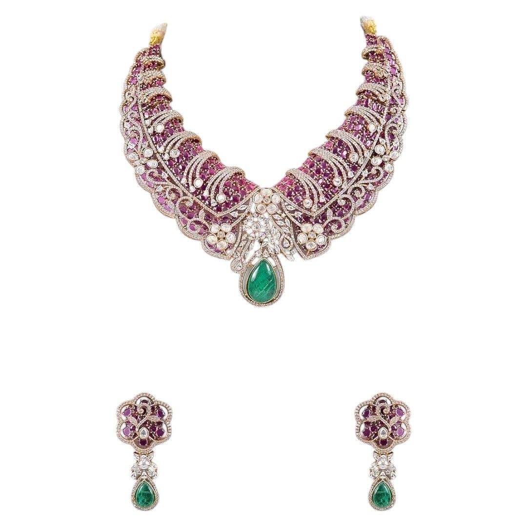 Designer Ruby & Green Stone Kundan Statement Necklace Set with Drop Earrings for Women - Auraa Trends - Necklace Set - - Auraa Trends - Woman wearing ruby and green stone Kundan statement necklace with earrings