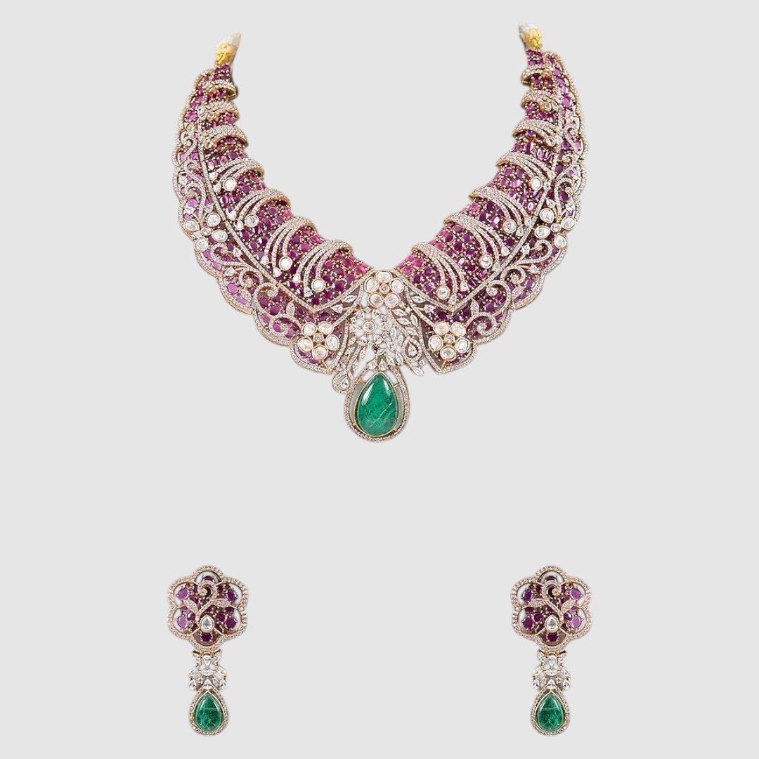 Designer Ruby & Green Stone Kundan Statement Necklace Set with Drop Earrings for Women - Auraa Trends - Necklace Set - - Auraa Trends - Woman wearing ruby and green stone Kundan statement necklace with earrings