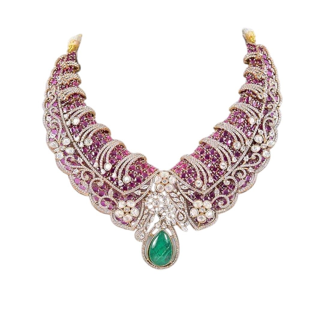 Designer Ruby & Green Stone Kundan Statement Necklace Set with Drop Earrings for Women - Auraa Trends - Necklace Set - - Auraa Trends - Woman wearing ruby and green stone Kundan statement necklace with earrings