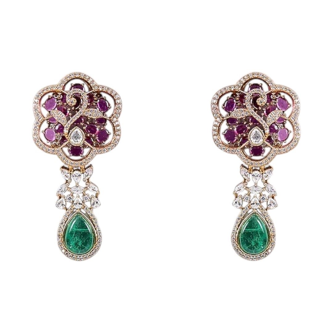 Designer Ruby & Green Stone Kundan Statement Necklace Set with Drop Earrings for Women - Auraa Trends - Necklace Set - - Auraa Trends - Woman wearing ruby and green stone Kundan statement necklace with earrings