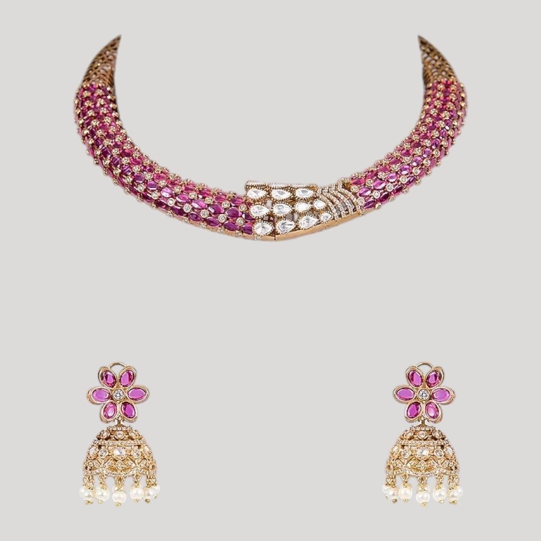 Designer Ruby & Pearl Studded Kundan Choker Necklace Set with Jhumka Earrings for Women - Auraa Trends - Necklace Set - - Auraa Trends - "Traditional gold - plated ruby and pearl studded Kundan choker necklace set with jhumka earrings for women – ideal for weddings and festive occasions"