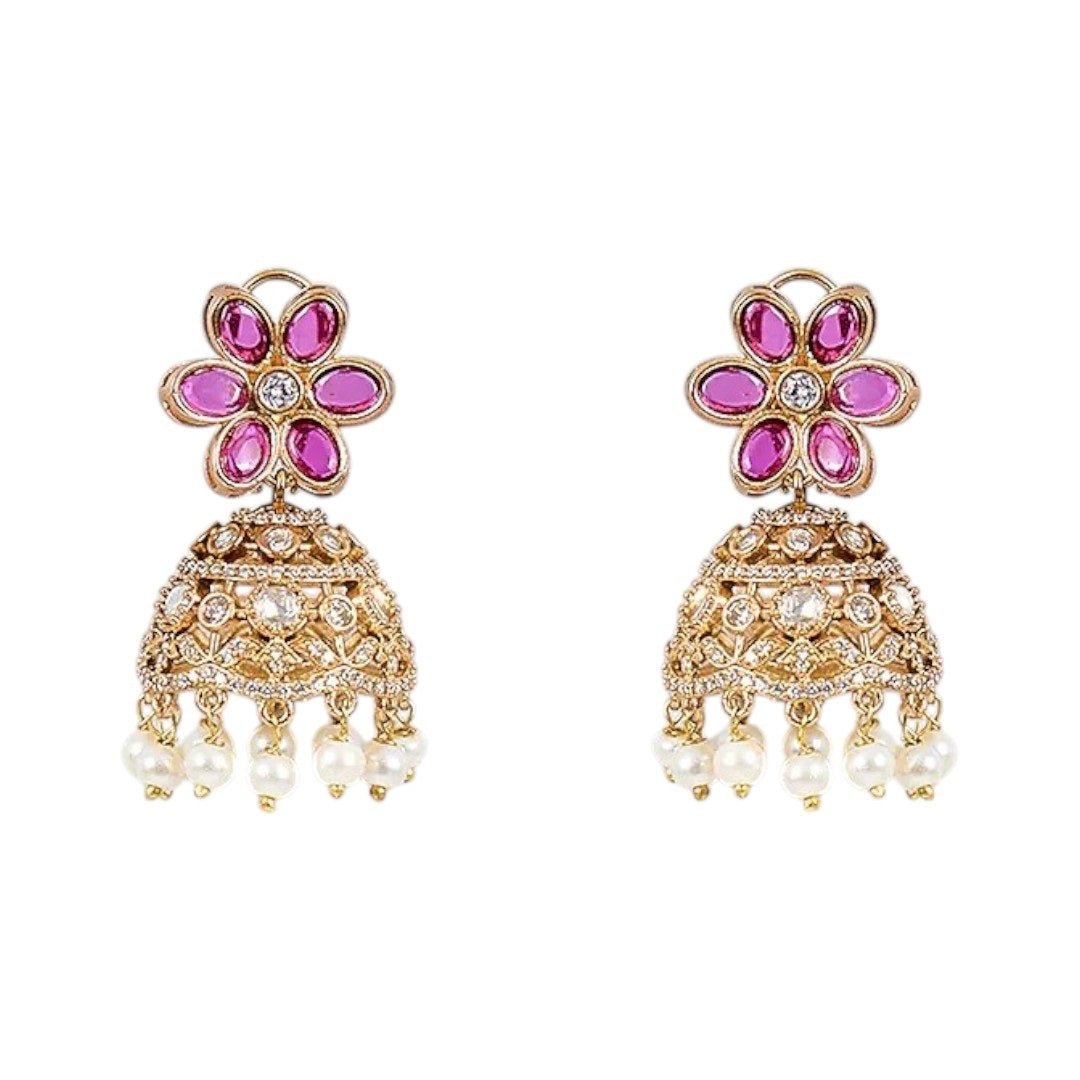 Designer Ruby & Pearl Studded Kundan Choker Necklace Set with Jhumka Earrings for Women - Auraa Trends - Necklace Set - - Auraa Trends - "Traditional gold - plated ruby and pearl studded Kundan choker necklace set with jhumka earrings for women – ideal for weddings and festive occasions"