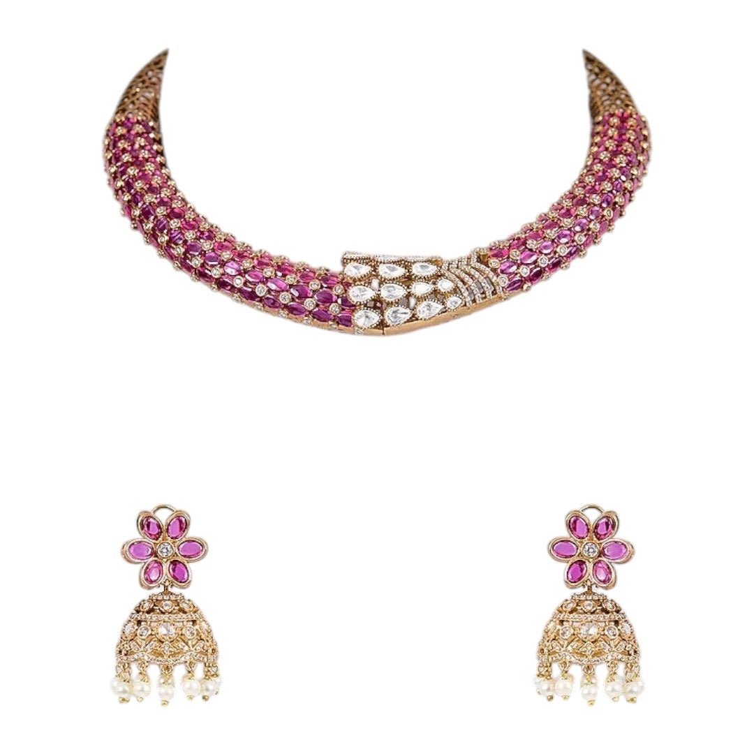 Designer Ruby & Pearl Studded Kundan Choker Necklace Set with Jhumka Earrings for Women - Auraa Trends - Necklace Set - - Auraa Trends - "Traditional gold - plated ruby and pearl studded Kundan choker necklace set with jhumka earrings for women – ideal for weddings and festive occasions"