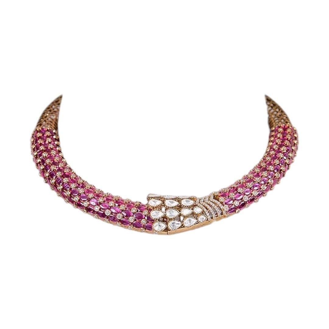 Designer Ruby & Pearl Studded Kundan Choker Necklace Set with Jhumka Earrings for Women - Auraa Trends - Necklace Set - - Auraa Trends - "Traditional gold - plated ruby and pearl studded Kundan choker necklace set with jhumka earrings for women – ideal for weddings and festive occasions"