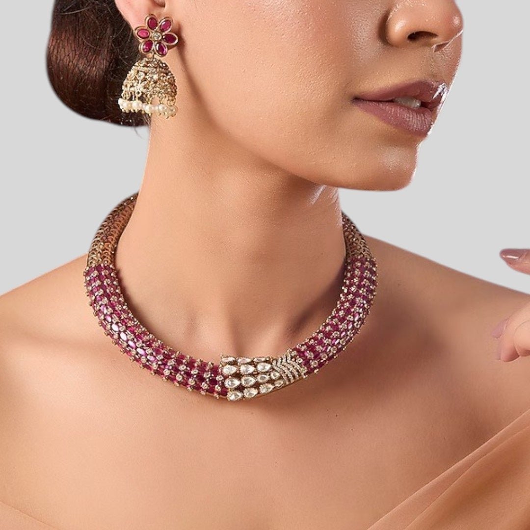 Designer Ruby & Pearl Studded Kundan Choker Necklace Set with Jhumka Earrings for Women - Auraa Trends - Necklace Set - - Auraa Trends - "Traditional gold - plated ruby and pearl studded Kundan choker necklace set with jhumka earrings for women – ideal for weddings and festive occasions"