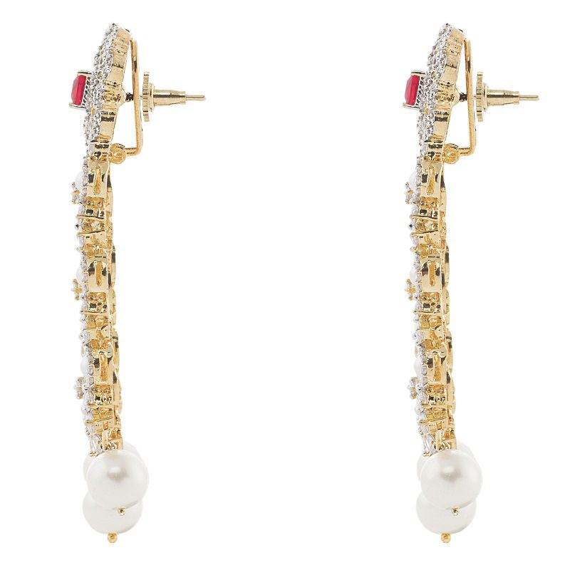 Diamonte Chandelier Earrings with Ruby and Pearl Accents - Auraa Trends