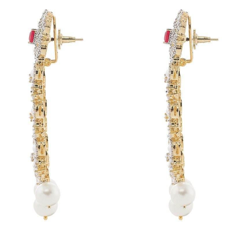Diamonte Chandelier Earrings with Ruby and Pearl Accents - Auraa Trends