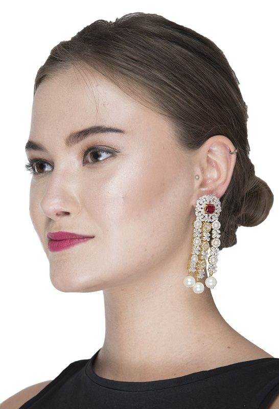Diamonte Chandelier Earrings with Ruby and Pearl Accents - Auraa Trends