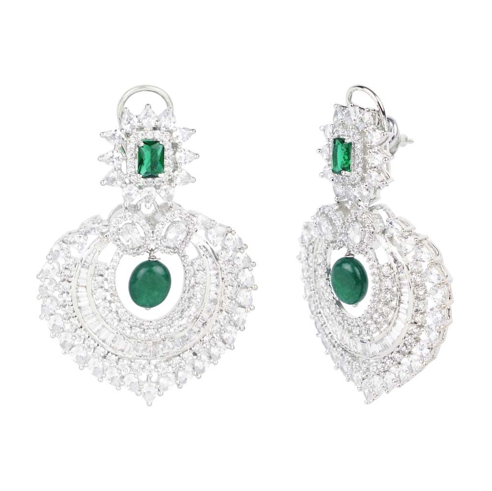Diamonte Chandlier Earring with Green Semi Precious Stone - Auraa Trends - Chandelier Earrings - American Diamond