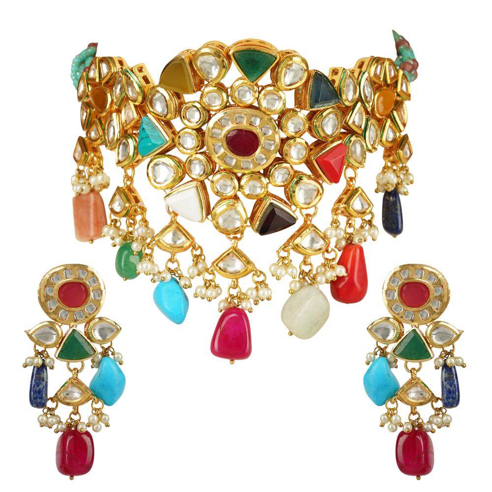 Dignified Kundan Necklace Set 22KT Gold Plated - Auraa Trends