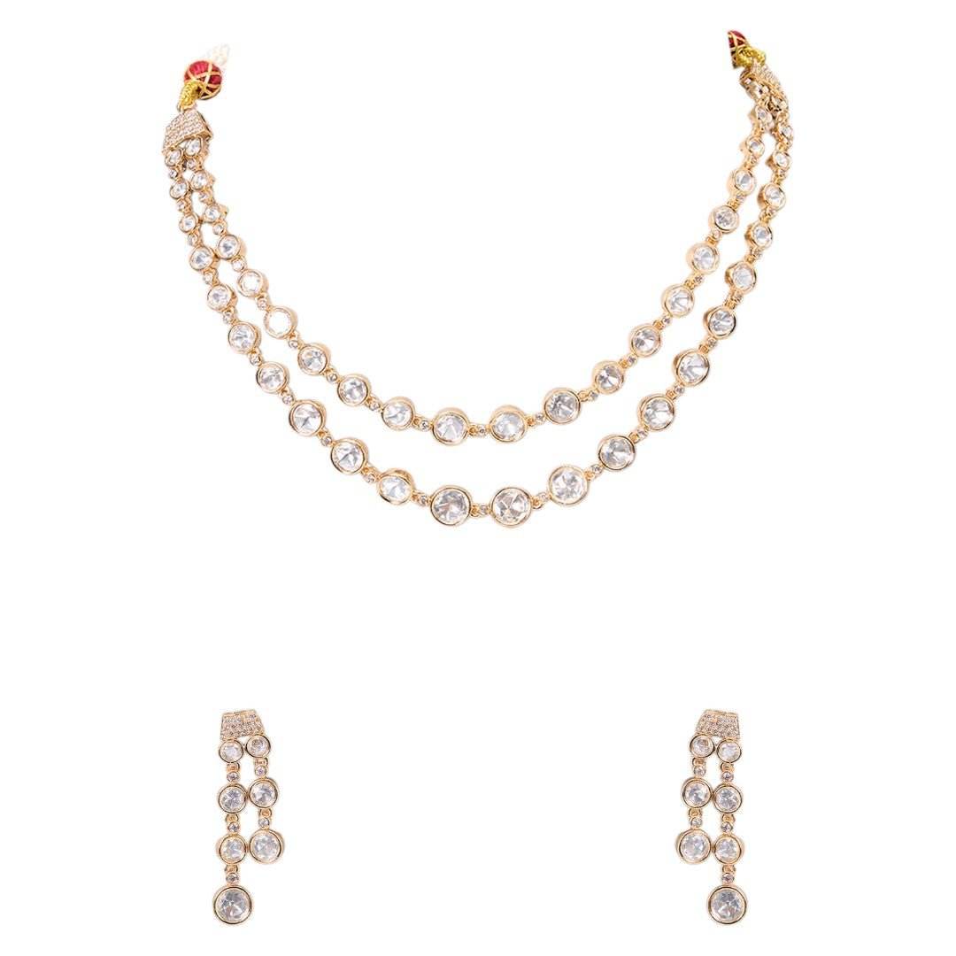 Double-Strand Gold-Plated Kundan Necklace Set with Drop Earrings - Auraa Trends