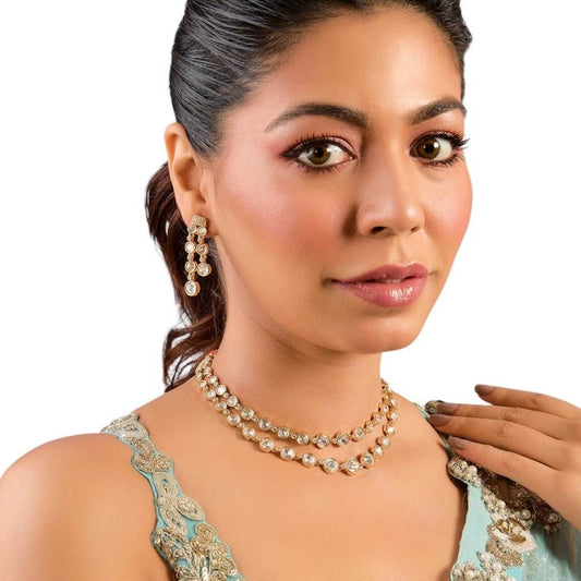 Double-Strand Gold-Plated Kundan Necklace Set with Drop Earrings - Auraa Trends