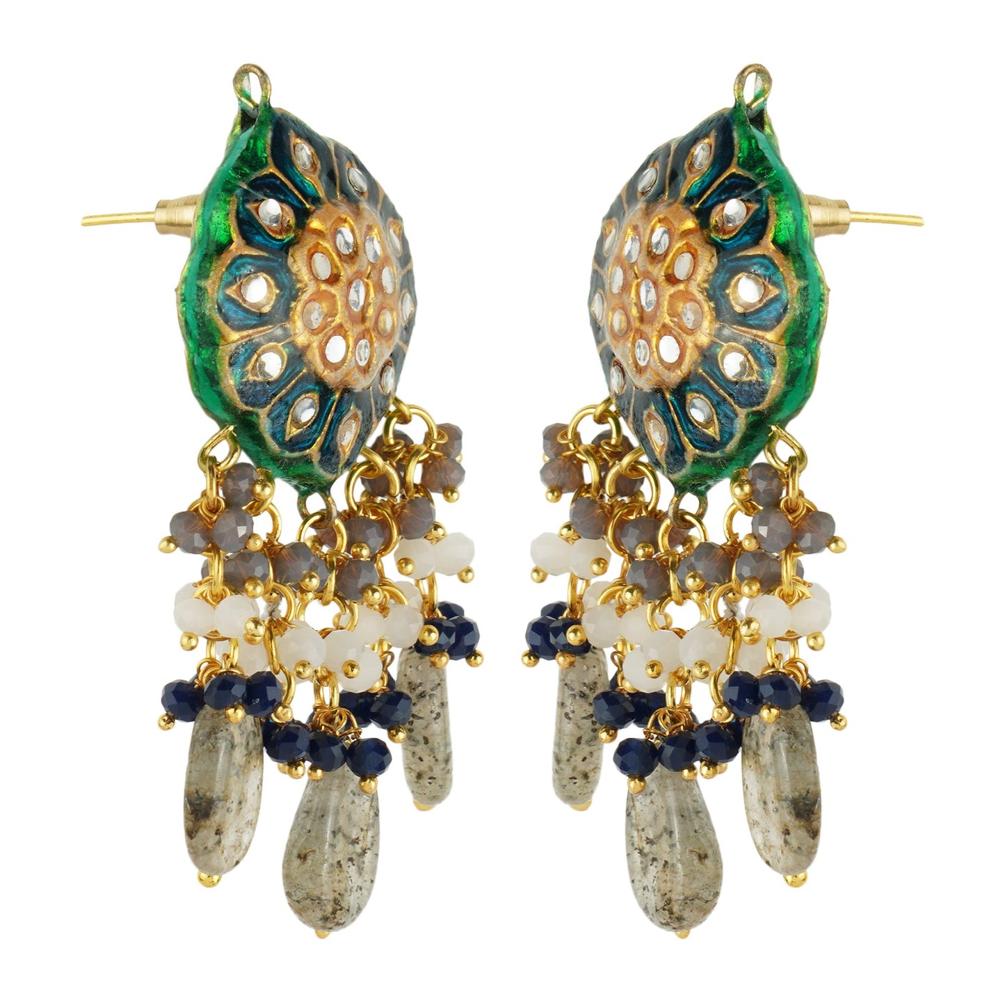 Noble Kundan Necklace Set with Grey and Green Semi Precious Stone