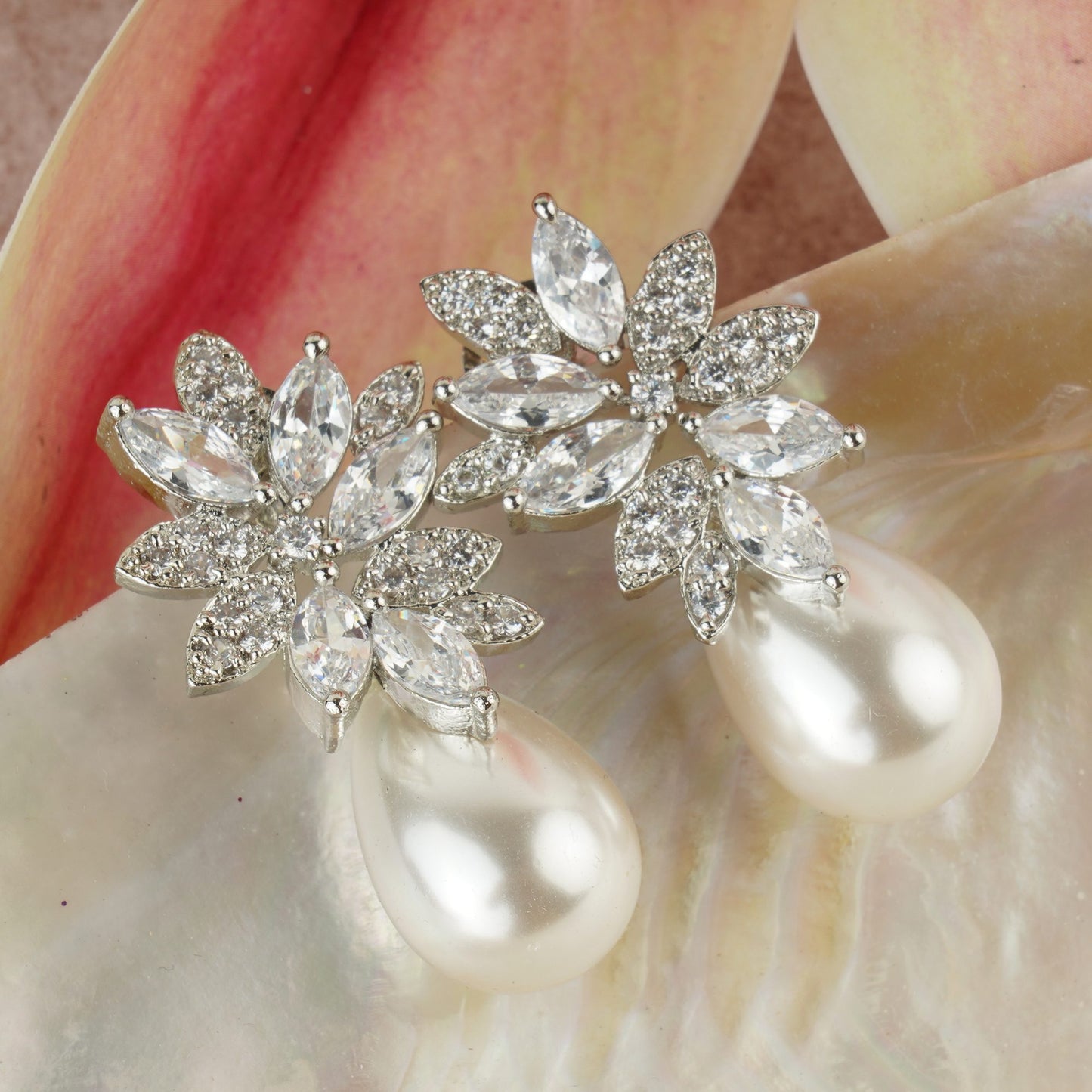 Magnificent Diamonte Pearl and Flower Stud Earring