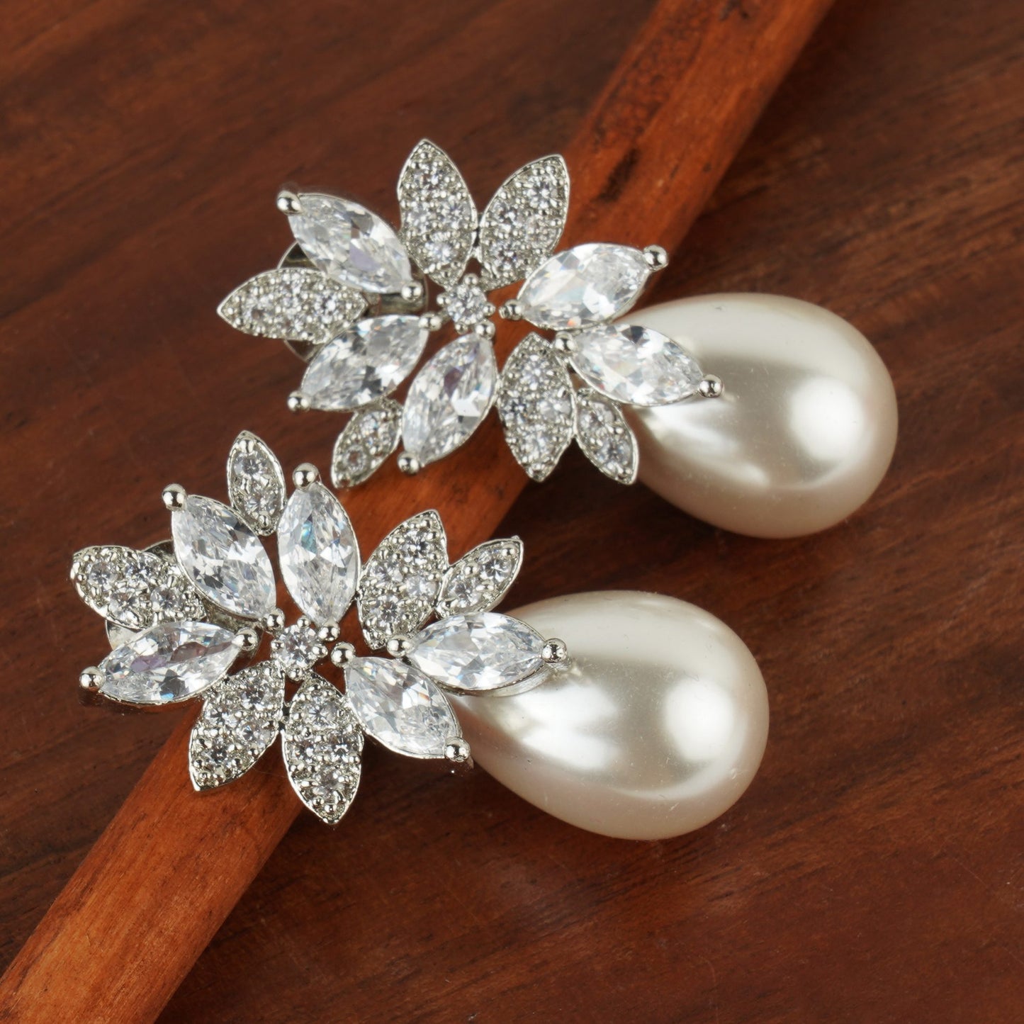 Magnificent Diamonte Pearl and Flower Stud Earring