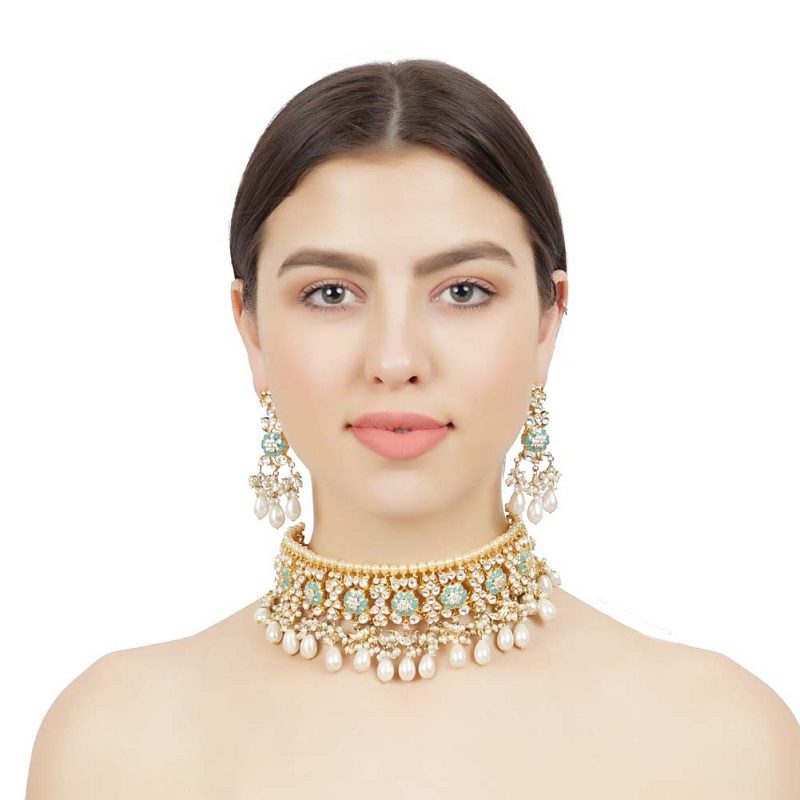 Kundan Gold-Plated Choker Necklace Set with Earrings