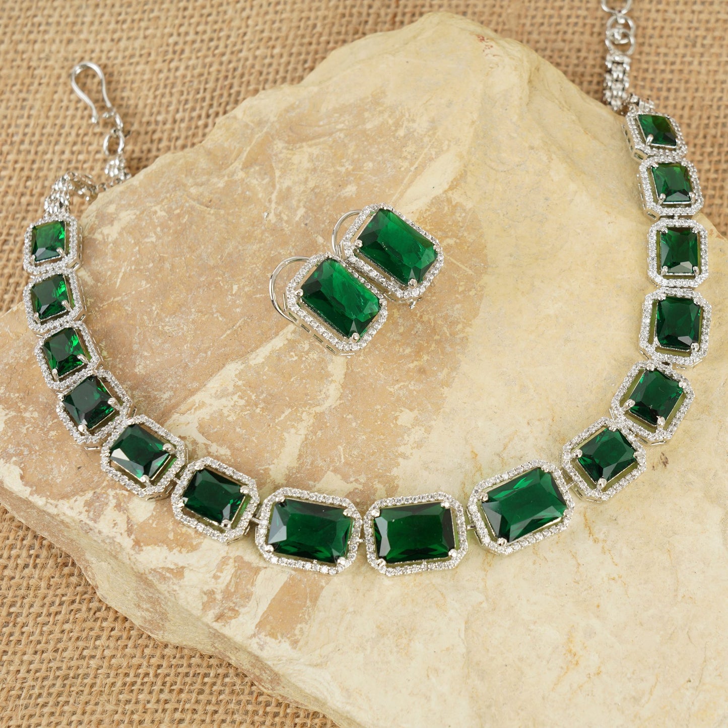 Exquisite Diamonte Necklace Set with Green Gemstones
