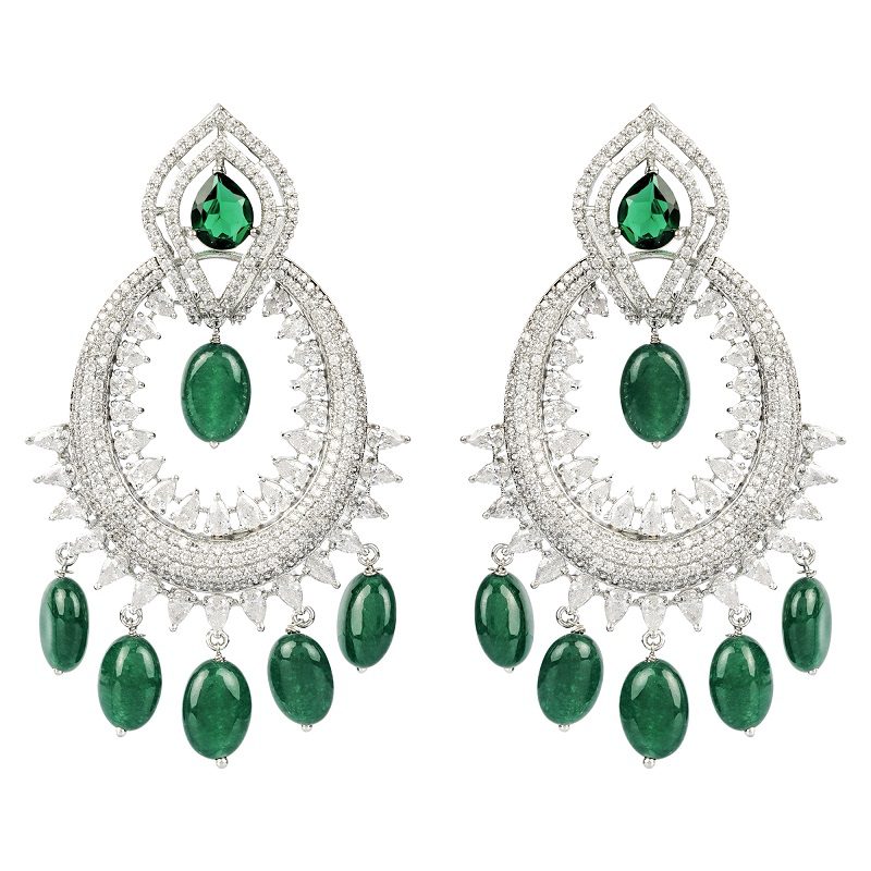 Diamonte Chaandbali with Green semi precious stone drops