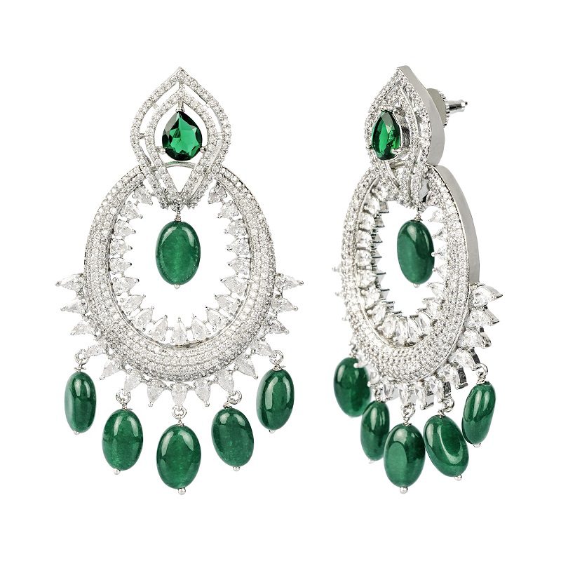 Diamonte Chaandbali with Green semi precious stone drops