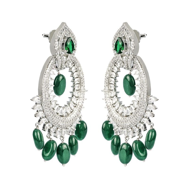 Diamonte Chaandbali with Green semi precious stone drops