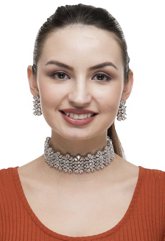 Rhodium-Plated American Diamond Choker Set