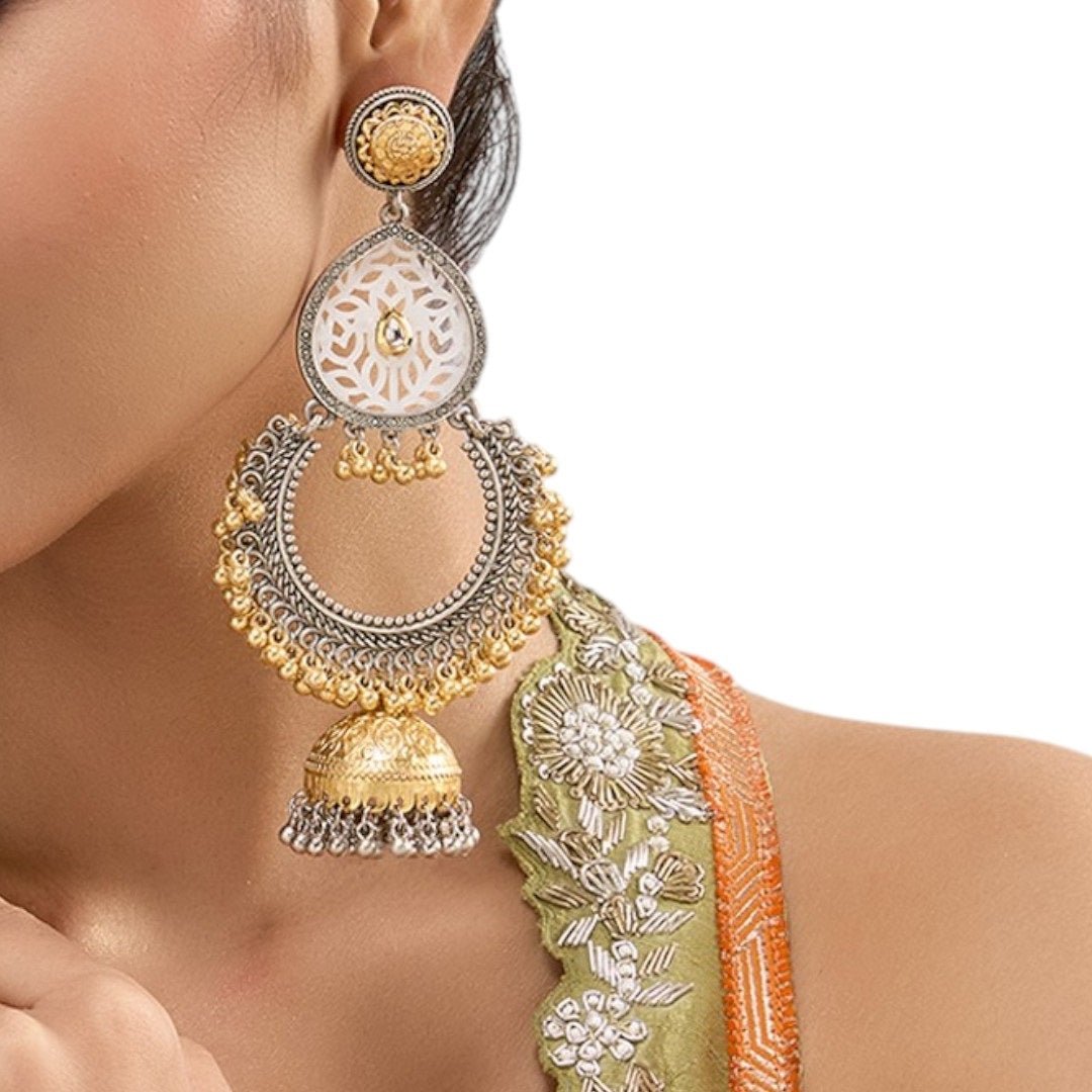 Dual - Tone Ethnic Dangler Earrings with Filigree Design & Jhumka Bell - Auraa Trends - Earrings - - Auraa Trends - "Dual - tone traditional earrings with gold and silver plating, teardrop filigree cutout, circular base, and jhumka dome drops embellished with golden beads and silver ghungroos."