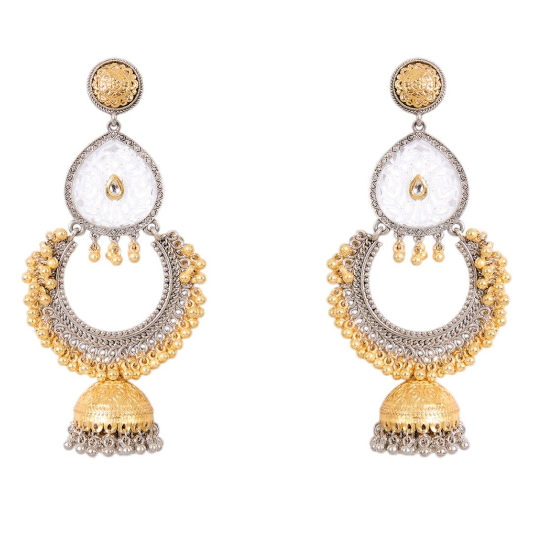 Dual - Tone Ethnic Dangler Earrings with Filigree Design & Jhumka Bell - Auraa Trends - Earrings - - Auraa Trends - Dual - Tone Ethnic Dangler Earrings with Filigree Design & Jhumka Bell
