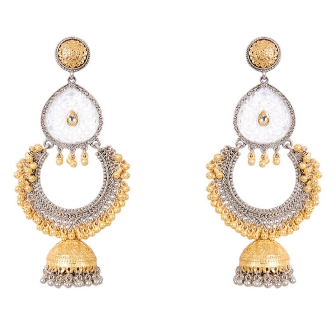 Dual-Tone Ethnic Dangler Earrings with Filigree Design & Jhumka Bell - Auraa Trends