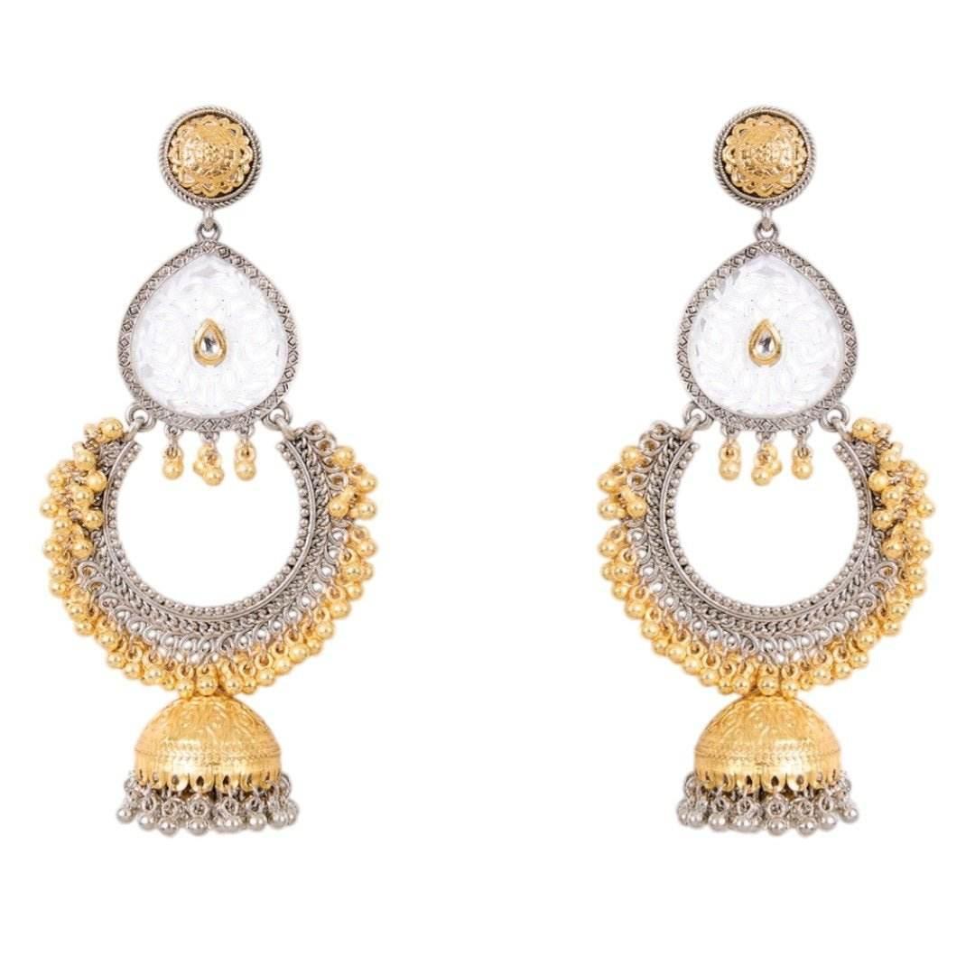 Dual-Tone Ethnic Dangler Earrings with Filigree Design & Jhumka Bell - Auraa Trends