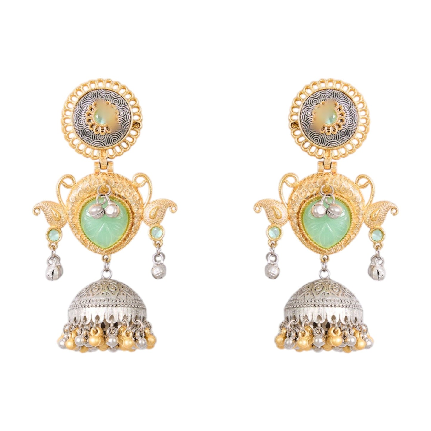 Dual - Tone Gold & Oxidized Silver Jhumka Earrings with Green Stone & Pearl Drops - Auraa Trends - Earrings - - Auraa Trends - "Dual - tone oxidized silver and gold jhumka earrings with green stones, dome drop, and pearl detailing for ethnic or boho festive wear."