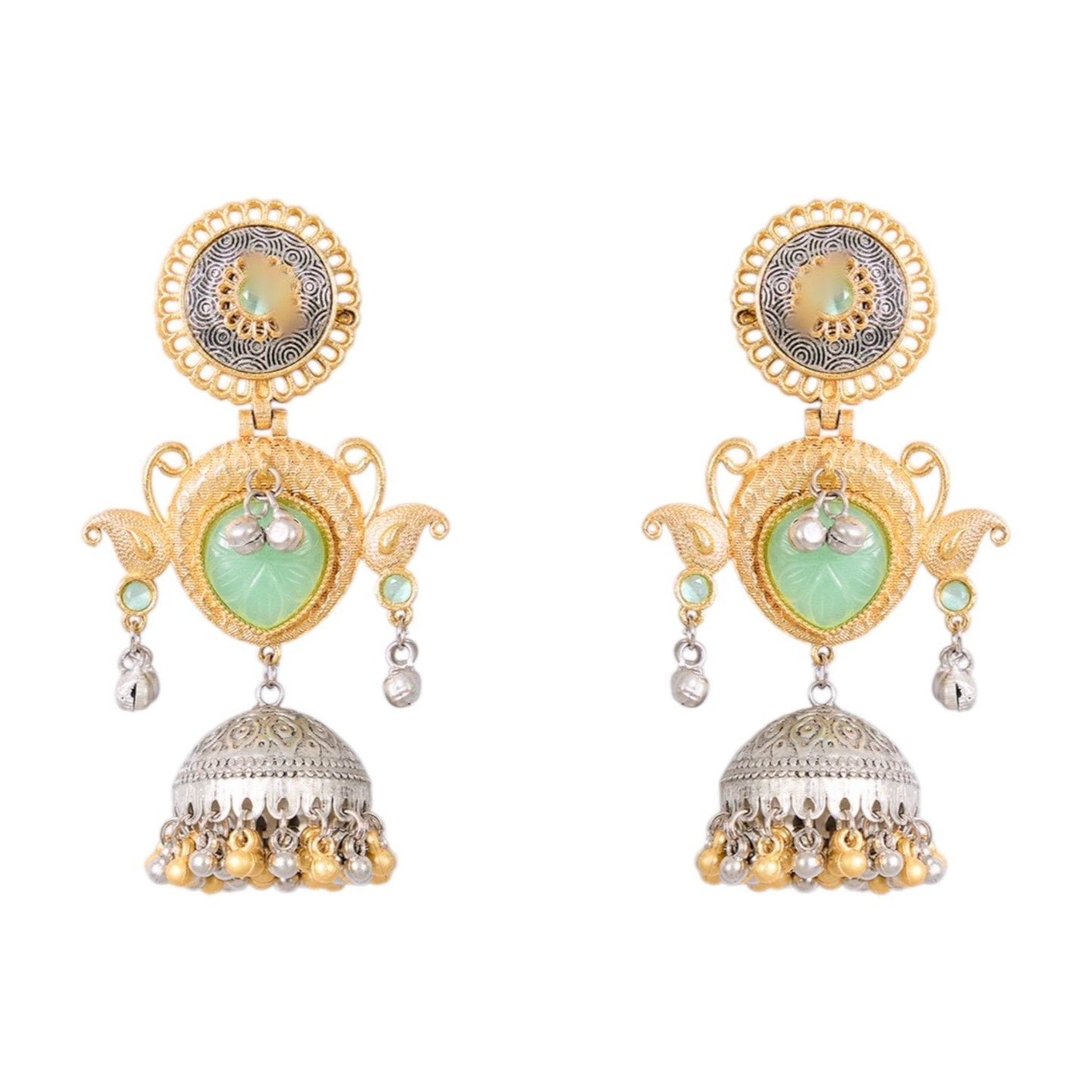 Dual-Tone Gold & Oxidized Silver Jhumka Earrings with Green Stone & Pearl Drops - Auraa Trends