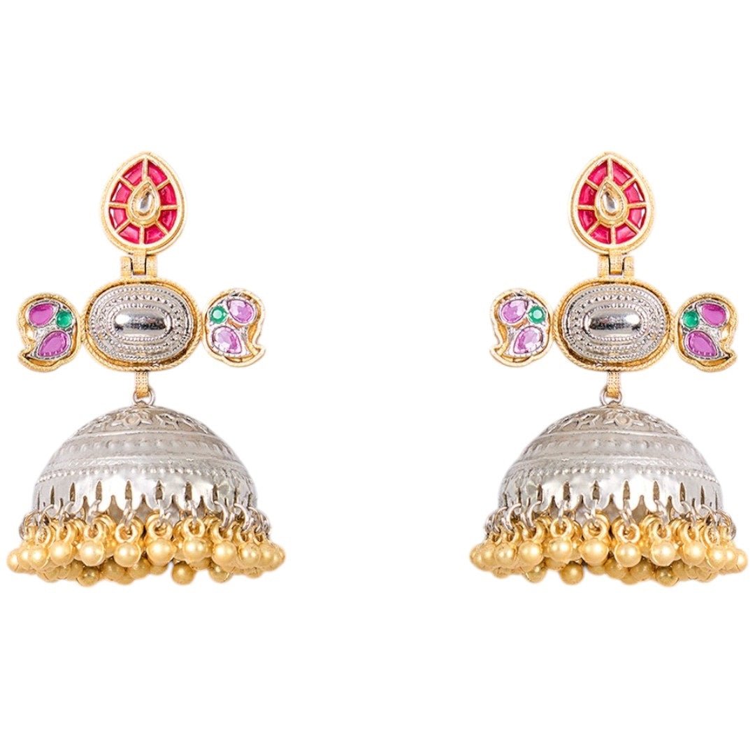 Dual - Tone Oxidized Jhumka Earrings with Colorful Enamel & Golden Beads - Auraa Trends - Earrings - - Auraa Trends - Dual - tone oxidized jhumka earrings with colorful enamel detailing, silver dome and golden bead fringe ā traditional Indian ethnic wear.