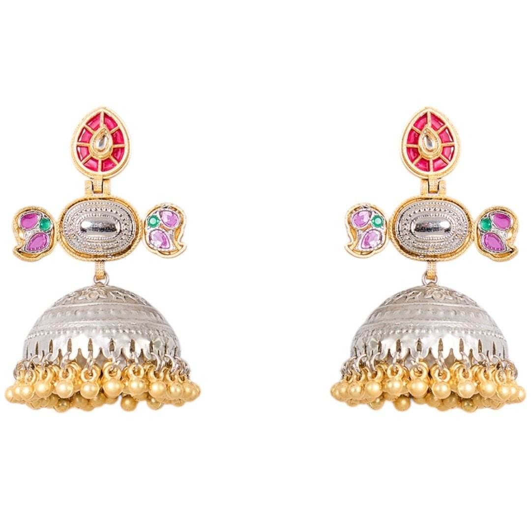 Dual-Tone Oxidized Jhumka Earrings with Colorful Enamel & Golden Beads - Auraa Trends