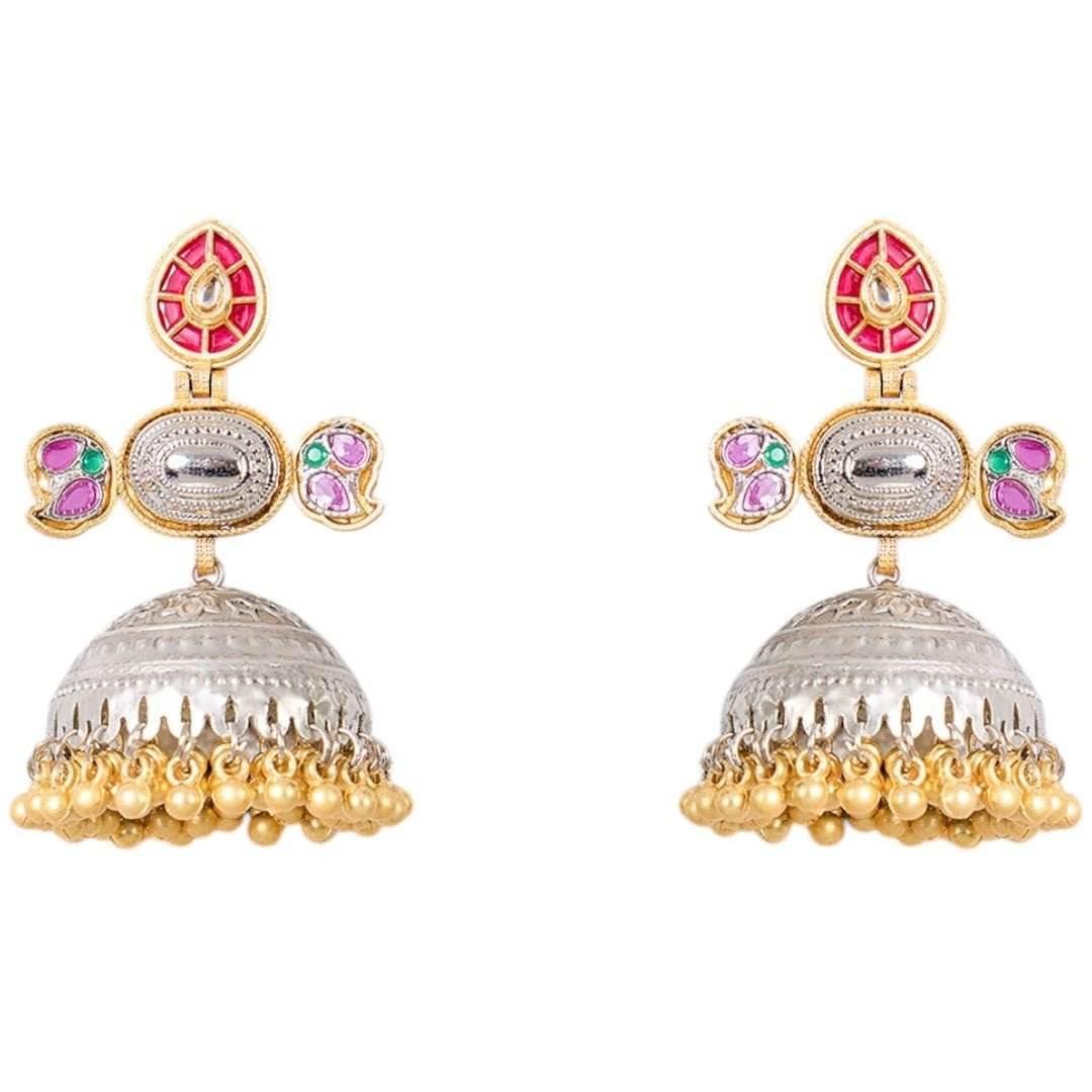 Dual-Tone Oxidized Jhumka Earrings with Colorful Enamel & Golden Beads - Auraa Trends