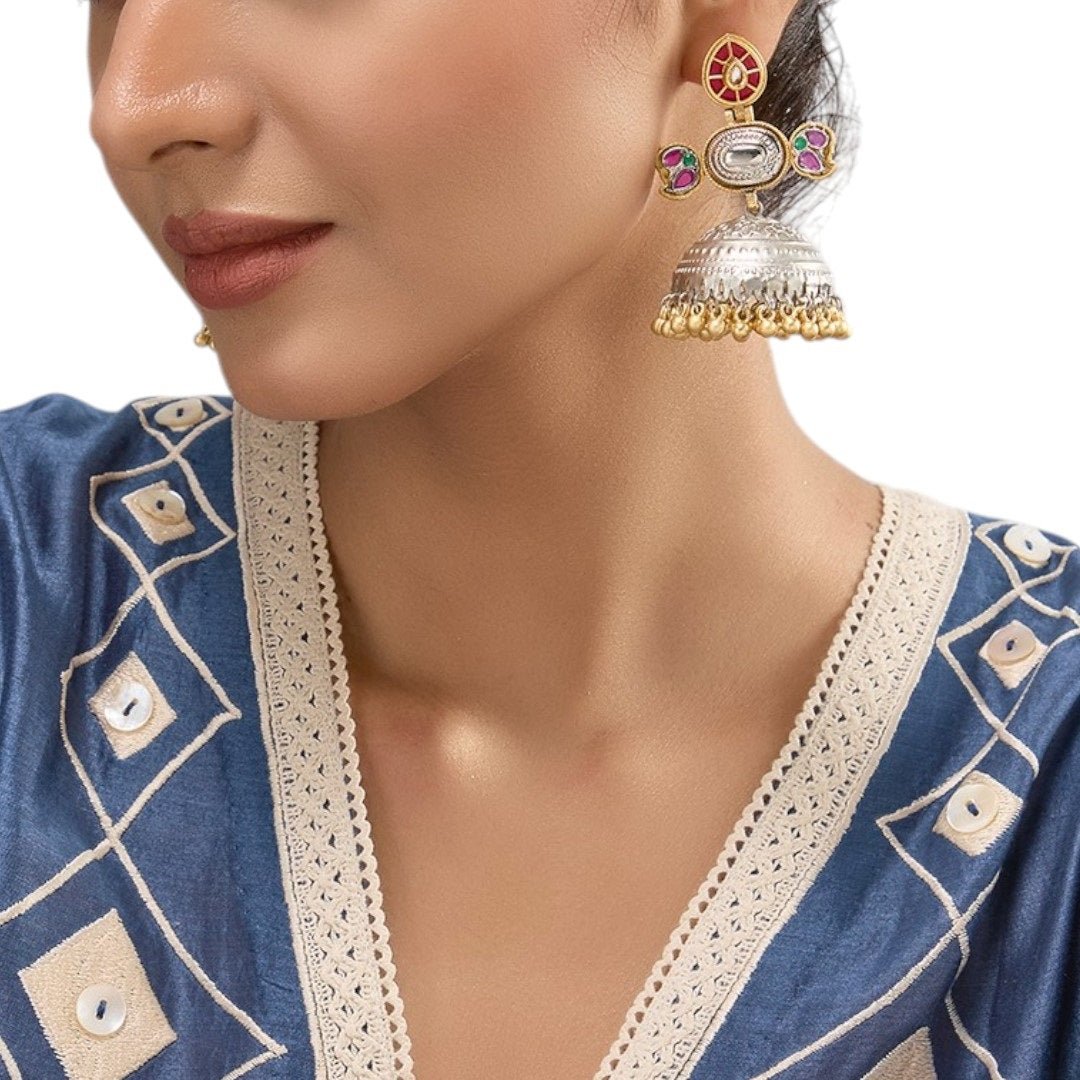 Dual - Tone Oxidized Jhumka Earrings with Colorful Enamel & Golden Beads - Auraa Trends - Earrings - - Auraa Trends - Dual - tone oxidized jhumka earrings with colorful enamel detailing, silver dome and golden bead fringe ā traditional Indian ethnic wear.