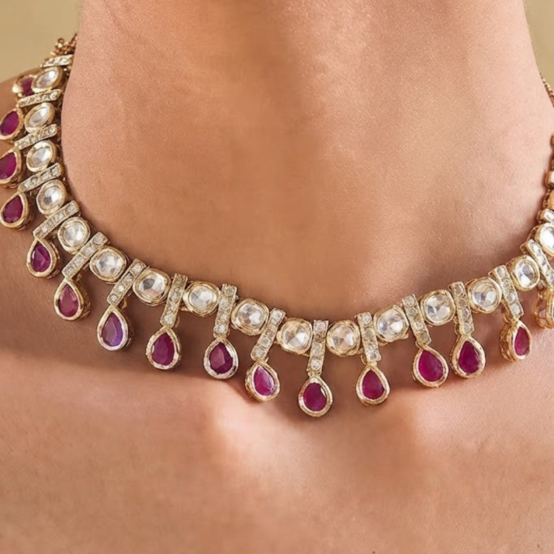 Gold-Plated Kundan Choker Necklace Set with Pink Teardrop Stones & Matching Earrings for Women Bridal Wedding Jewellery