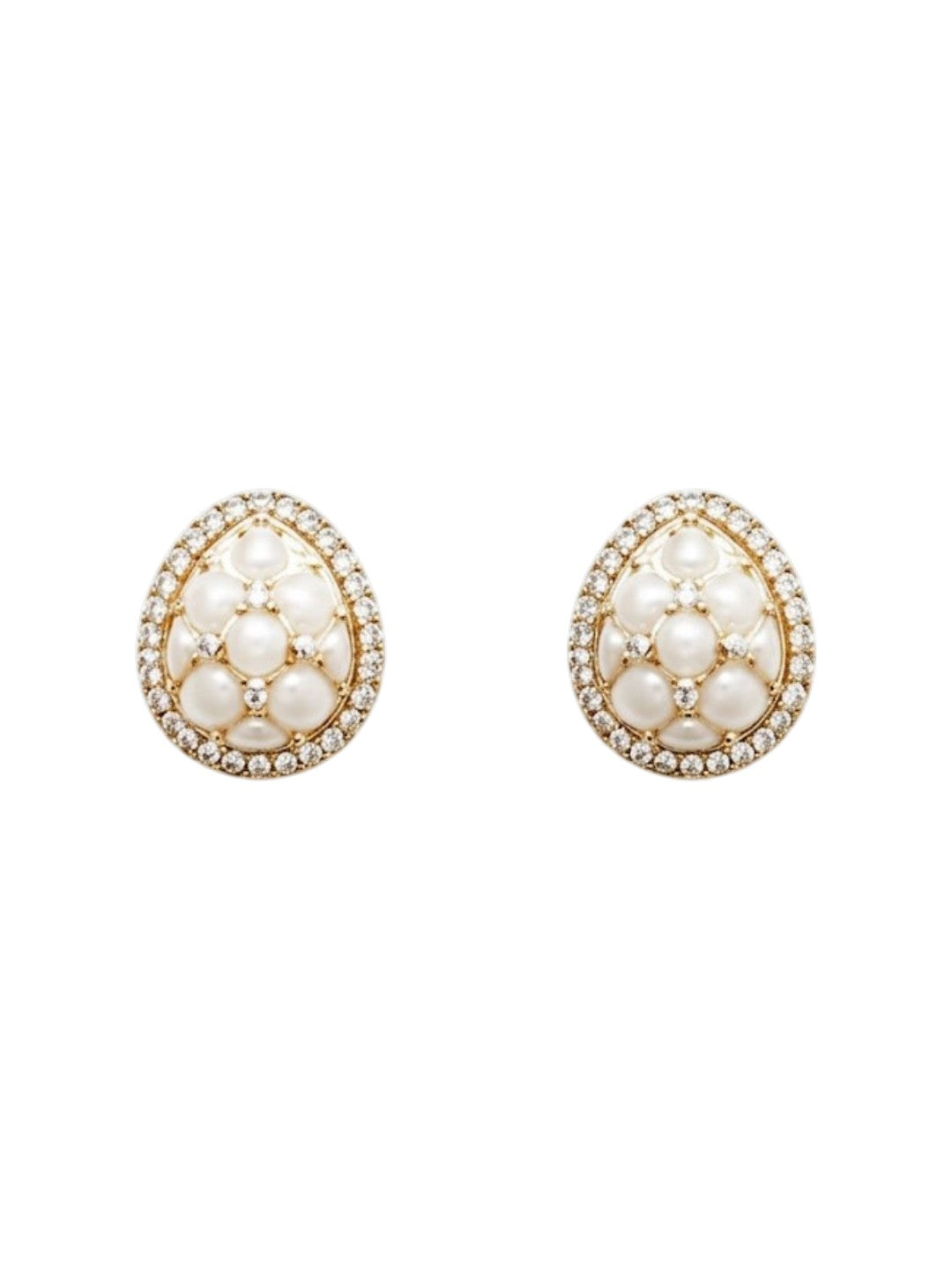 Gold-plated pearl teardrop pendant necklace set with matching stud earrings embellished with American diamonds for women.