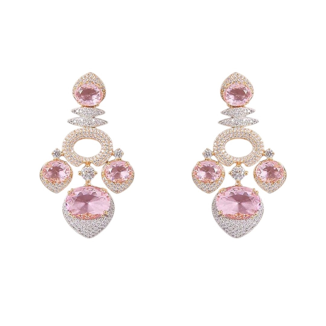 Pink CZ and Gold-Plated Stone Choker Necklace Set with Matching Earrings for Women