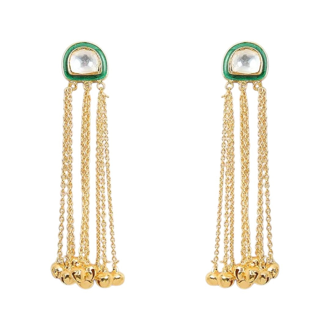 Minimalist Green Kundan Stud with Multi-Chain Golden Dangler Earrings