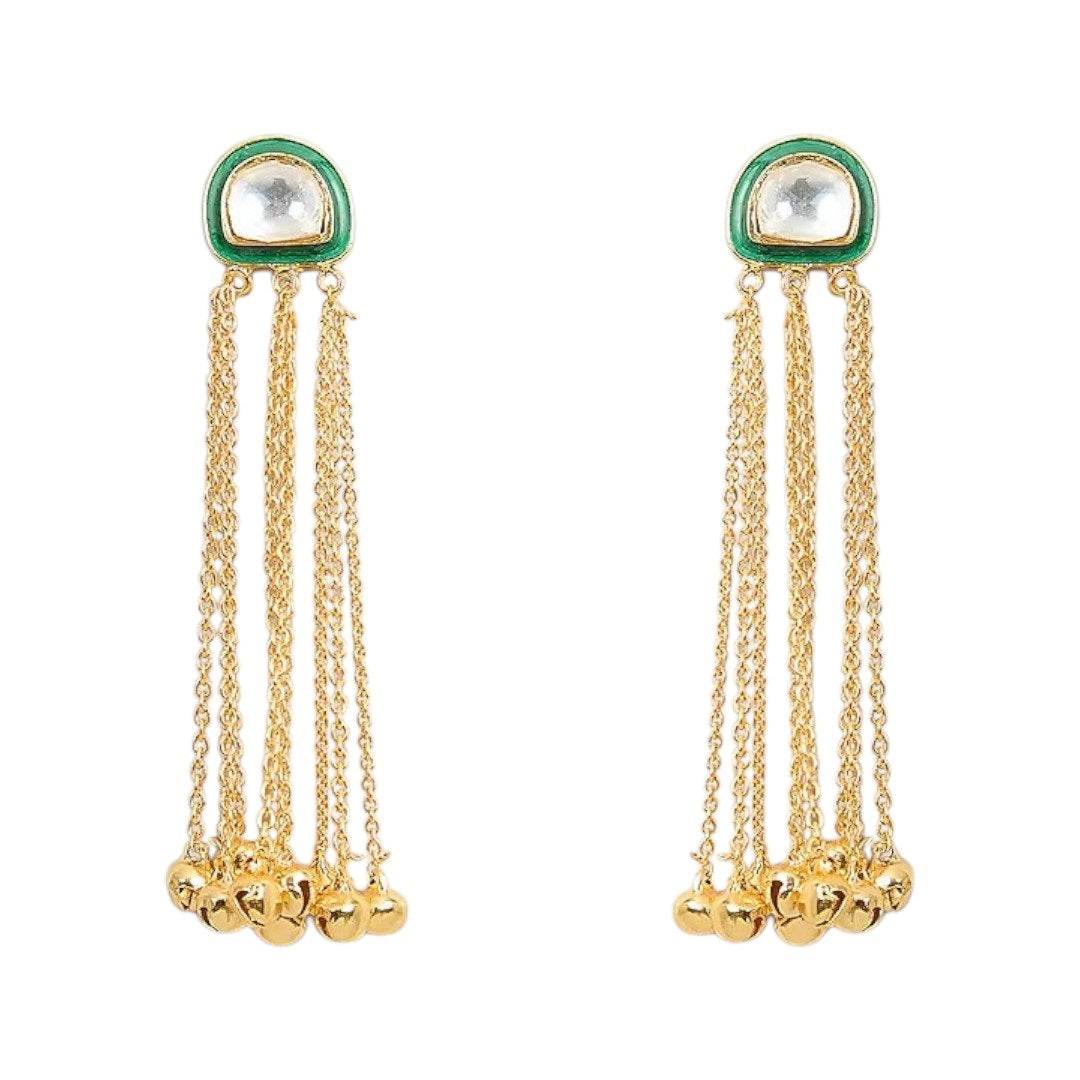 Minimalist Green Kundan Stud with Multi-Chain Golden Dangler Earrings - Auraa Trends