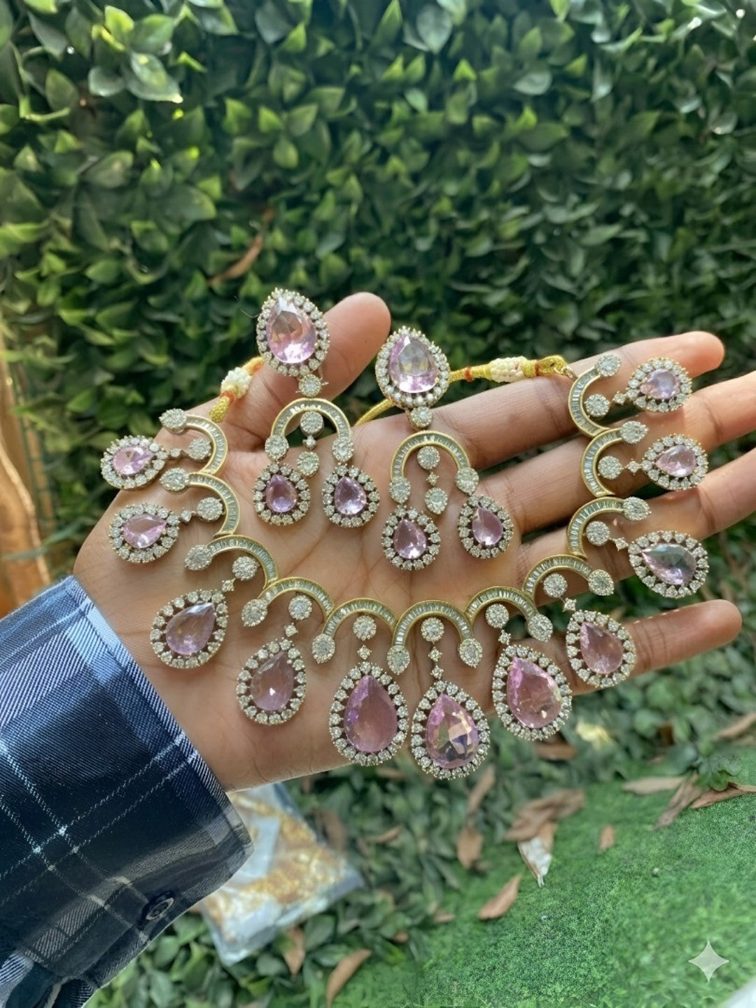Pink stone kundan necklace set with matching chandelier earrings